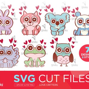 May include: Seven digital cut files of cute cartoon animals in two styles. The animals include a bunny, a cat, a frog, a koala, a panda, and an owl. Each animal is surrounded by hearts.