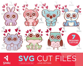 Instant Download SVG Cut File. Cute Love Animals Clipart. Cute Cat Cricut Design. Kawaii Pets SVG. Dog Frog Bunny Owl Vector Illustration.