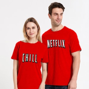 Netflix and Chill Red Colorful Couple T-Shirt Halloween Christmas Costume Funny Design Men/Women Unisex White Black Soft Cotton Tees image 1