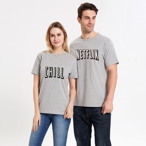 Netflix and Chill Red Colorful Couple T-Shirt Halloween Christmas Costume Funny Design Men/Women Unisex White Black Soft Cotton Tees image 2