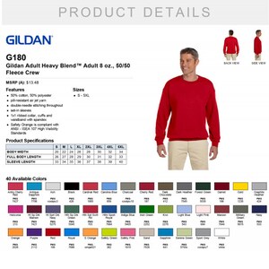 May include: Gildan G180 Adult Heavy Blend Fleece Crew, a red sweatshirt with a crew neck and long sleeves. The sweatshirt is made of a 50/50 blend of cotton and polyester and is available in 40 colors.