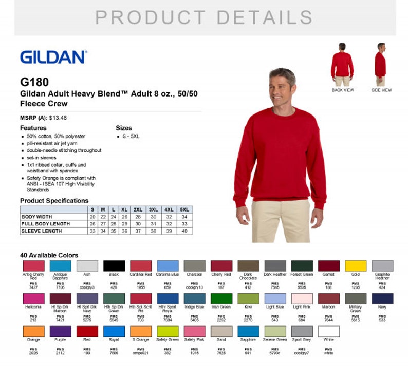 May include: Gildan G180 Adult Heavy Blend Fleece Crew, a red sweatshirt with a crew neck and long sleeves. The sweatshirt is made of a 50/50 blend of cotton and polyester and is available in 40 colors.