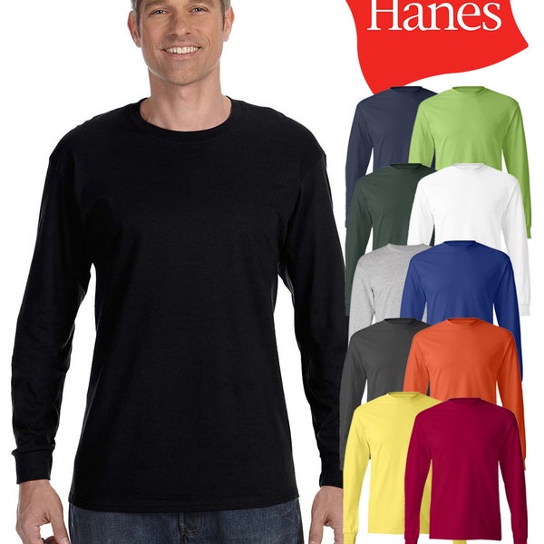 Custom Hanes Authentic Long Sleeve T-Shirt Comfort Cotton Soft Plain Blank Tee Mens 5586