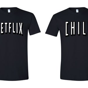 Netflix and Chill Red Colorful Couple T-Shirt Halloween Christmas Costume Funny Design Men/Women Unisex White Black Soft Cotton Tees Black