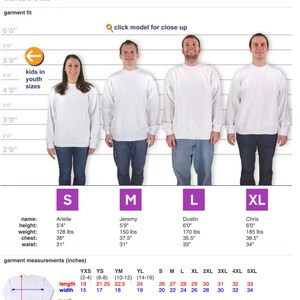 May include: Sizing chart for Gildan Midweight 50/50 Crewneck Sweatshirt. The chart shows the measurements for different sizes, including youth sizes, and the corresponding height, weight, chest, and waist measurements for each size. The chart also includes a table with garment measurements in inches, including length and width.