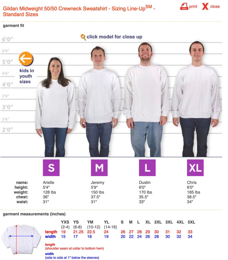 May include: Sizing chart for Gildan Midweight 50/50 Crewneck Sweatshirt. The chart shows the measurements for different sizes, including youth sizes, and the corresponding height, weight, chest, and waist measurements for each size. The chart also includes a table with garment measurements in inches, including length and width.