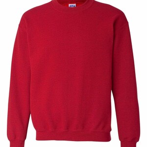 May include: Red crewneck sweatshirt with a Gildan brand label.