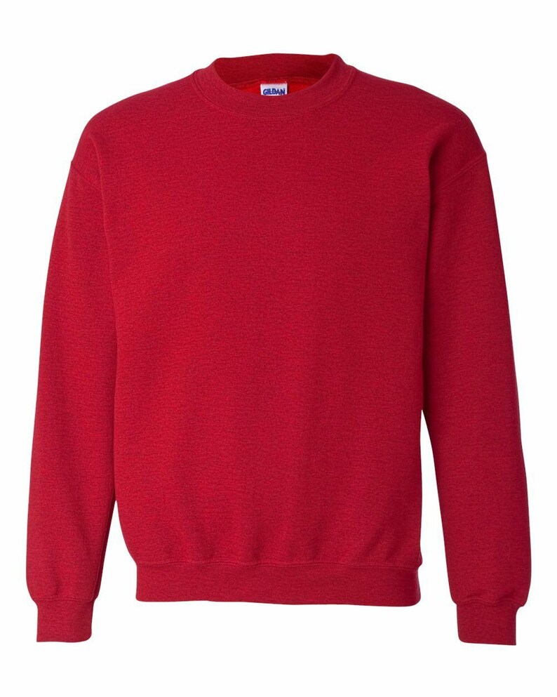 May include: Red crewneck sweatshirt with a Gildan brand label.