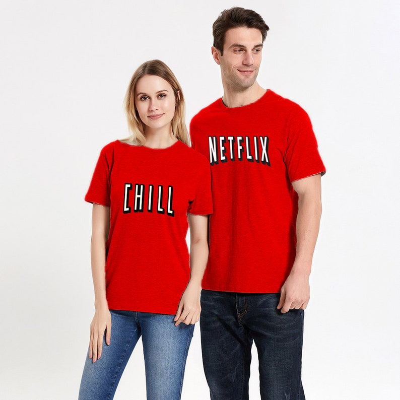 Netflix and Chill Red Colorful Couple T-Shirt Halloween Christmas Costume Funny Design Men/Women Unisex White Black Soft Cotton Tees image 1