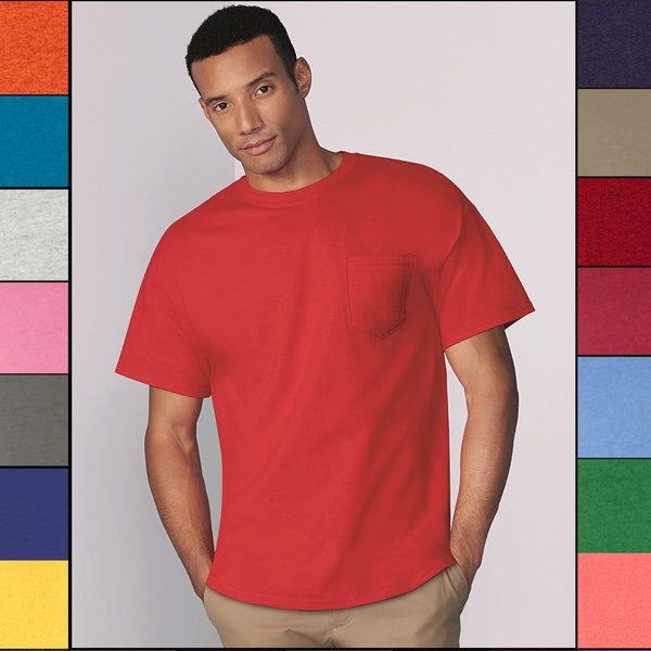 Custom Gildan Mens Pocket T Shirt Heavy Cotton Short Sleeve Blank Tee Top Shirts G530