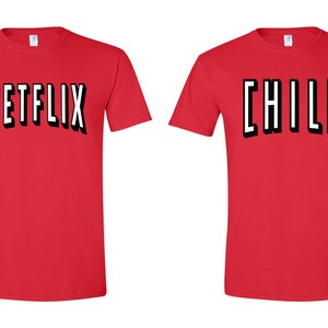 Netflix and Chill Red Colorful Couple T-Shirt Halloween Christmas Costume Funny Design Men/Women Unisex White Black Soft Cotton Tees Red