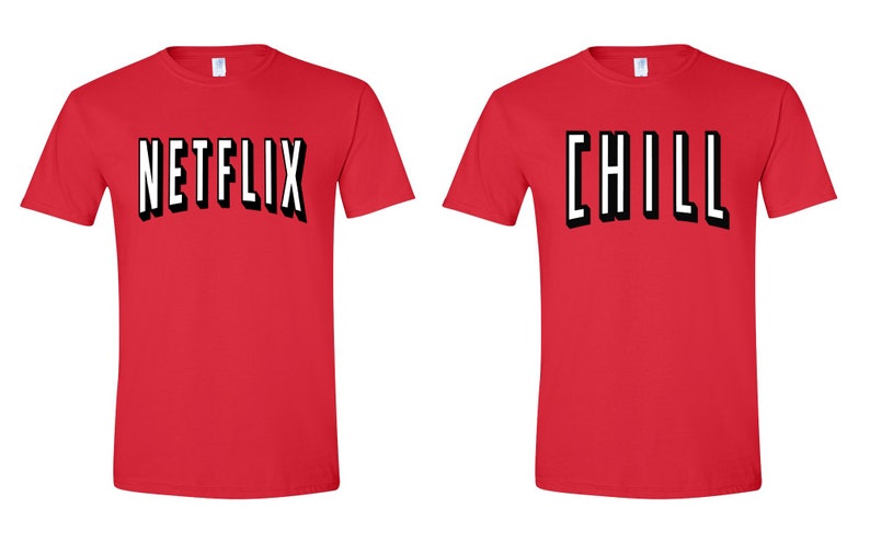 Netflix and Chill Red Colorful Couple T-Shirt Halloween Christmas Costume Funny Design Men/Women Unisex White Black Soft Cotton Tees Red