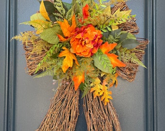 25” Fall Bow Wreath, Farmhouse Style, Aumtumn Leaves Wreath, Thanksgiving Theme, Fall Decor, Housewarmimg Gift, Fall Season, Front Door