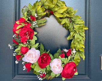 23” Red and Pink Valentines Day Wreath | Peony Wreath for Springs | Spring Decorations | Valentines Day | Made with Love
