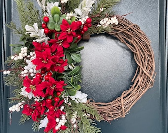 16” Red and White Winter Wreath | 10 Inch Grapevine | Frosted Lamb’s Ear | Red Mini Velvet Pointsettas | eucalyptus