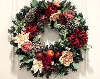 27" Valentines Day Inspired | Romantic Evergreen Wreath with Pomegranate Fruit | Burgundy Silk Florals | Blush Pink Roses | Rustic Acorns |