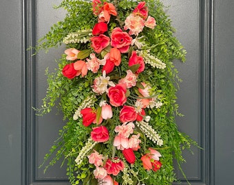 27” Spring Swag Wreath | English Ivy Bush | Mini Coral Cabbage Roses | Pink and Red Tullips | White Daises | Spring | Cream Berry Bush