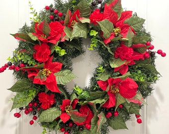 27” Artificial Evergreen Wreath | Red Poinsettias | Red Berries | Green Silk Leaves | Traditional Christmas Decor | Faux Greenery | Door