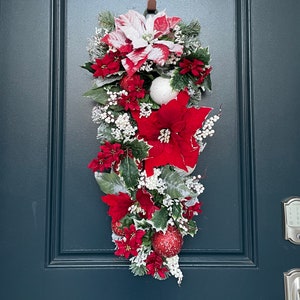 27” Winter Swag Wreath | Frosted Poinsettias | Faux White Berries | Christmas Decor | Glittered Ornaments | Holiday Decorations | Wonderland