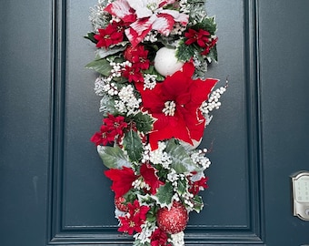 27” Winter Swag Wreath | Frosted Poinsettias | Faux White Berries | Christmas Decor | Glittered Ornaments | Holiday Decorations | Wonderland