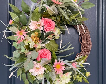 22” Natural Spring Wreath | Short Grass Bush| Pink Bushes | Light Green Hydrangeas | Pink Daisy Buds | Green Ivy | Greenery Branches | Gift