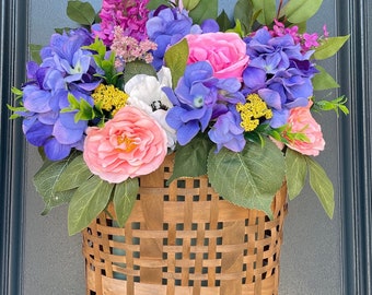 23” Wicker Basket Wreath filled with Blue Peonies | Pink Roses | White Orchids | Royal Purple Hyacinth Bulbs | Spring | Mothers Day Gift