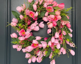 20" Bright Pink Tulip Wreath| Welcome Spring | Water Resistant |Grapevine | Mother’s Day Gift Silk | Housewarming Gift | Decorate for Spring