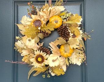 23” Cream Sunburst Grapevine | All Seasons | Minimalistic | Pinecones | Beige Pumpkins | Sunflowers | Wheat and Twigs | Year-Round Wreath |