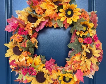 23" Yellow Sunflower Wreath| Red Daises | Farmhouse Style | Rustic Decor | Autumn Season | Miniature Acorns | Garland with Fall Leaves |