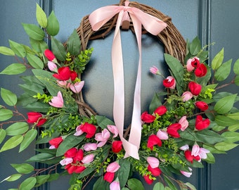 23" Valentines Day | Romantic Tulip Wreath with Grapevine Twigs and Silk Leaves | Pink and Red Decor |  Spring Decorations | Made with Love