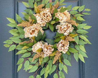 Natural Beige Peony Wreath | Green Ficus Spray | Heather Bush Wreath | Minimalistic Season | Autumn Wreath | Year Round Wreath | Harvest