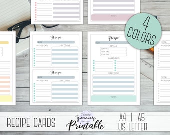 Printable recipe card - pastel recipe cards, simple recipe cards, recipe card printable template, A4 A5 Letter size recipe card template