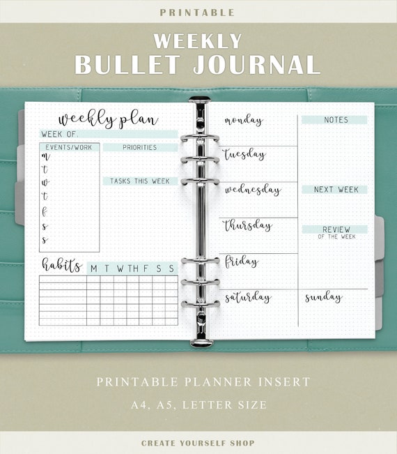 Printable weekly bullet journal planner insert printable | Etsy