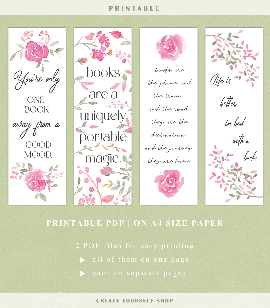 Printable Bookmark, Printable Rose Bookmark, Gift for Her, Bookmark Set ...
