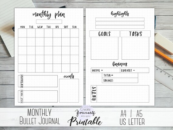 Monthly bullet journal printable planner insert dot | Etsy