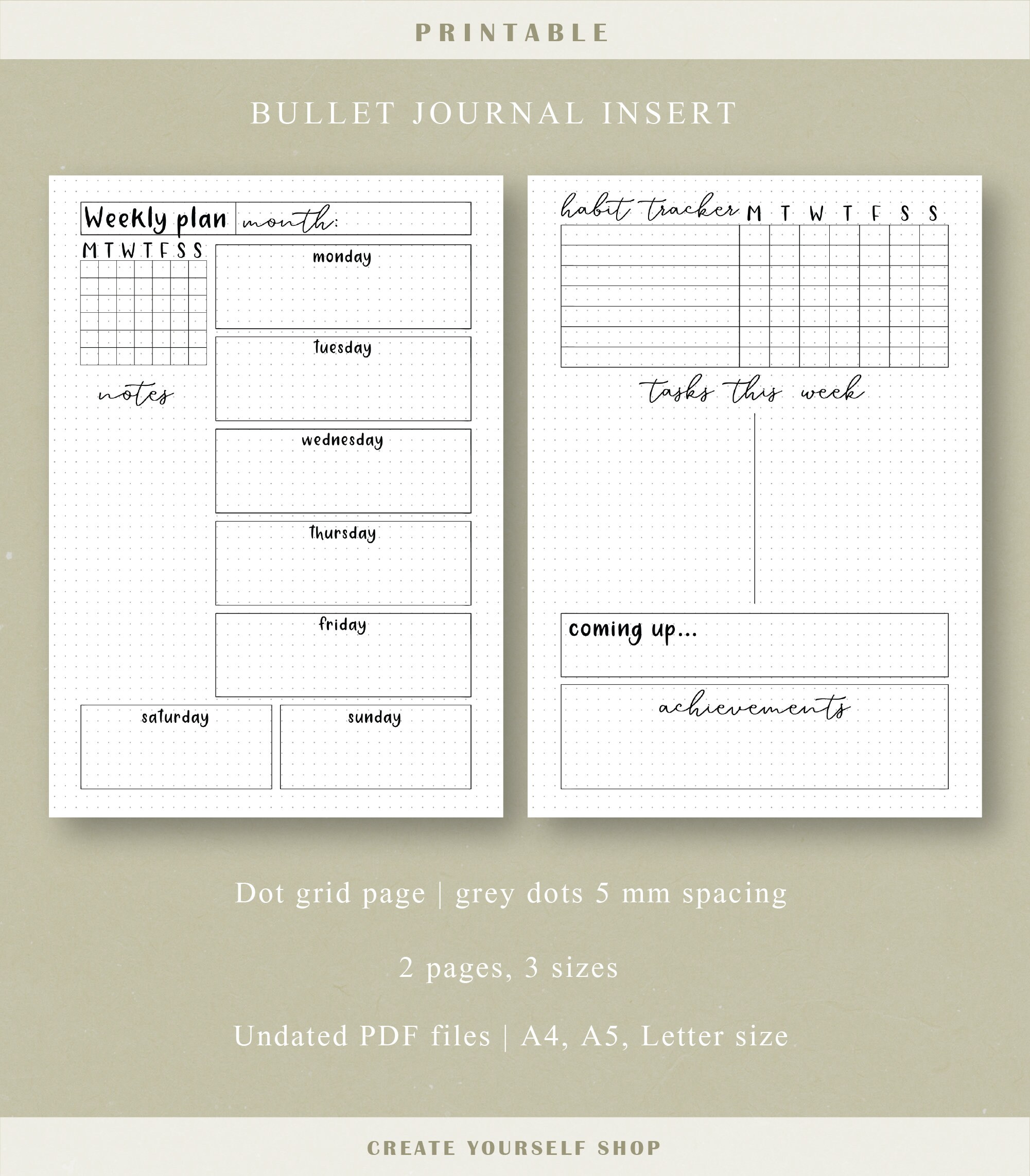 Weekly bullet journal printable planner insert printable | Etsy