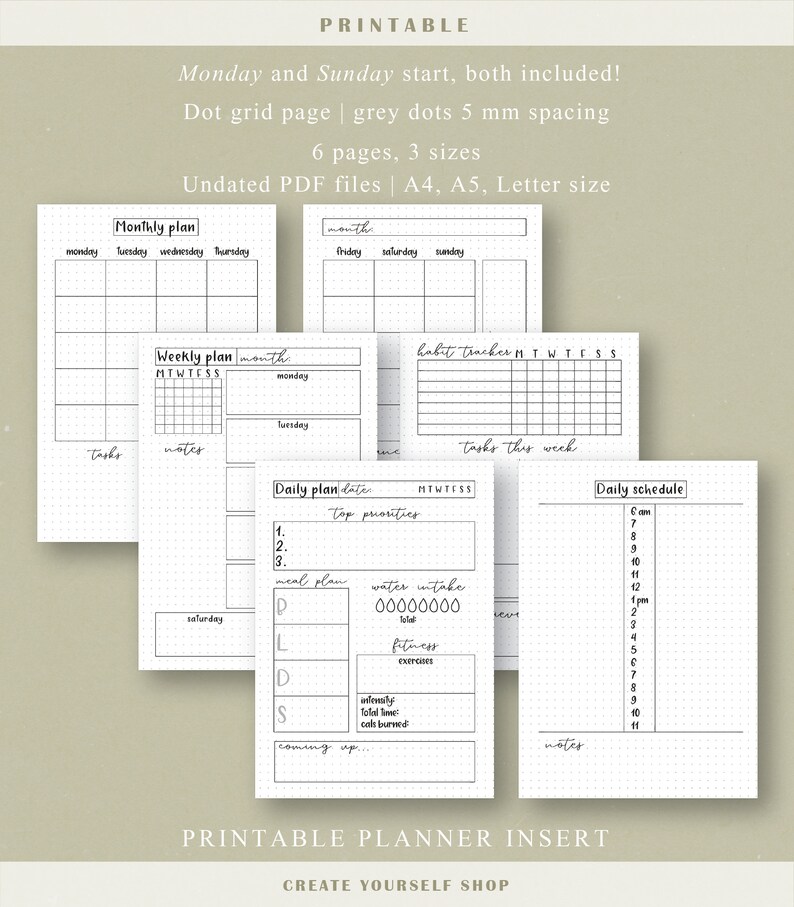 Bullet Journal Starter Kit Planner Insert Set Weekly - Etsy