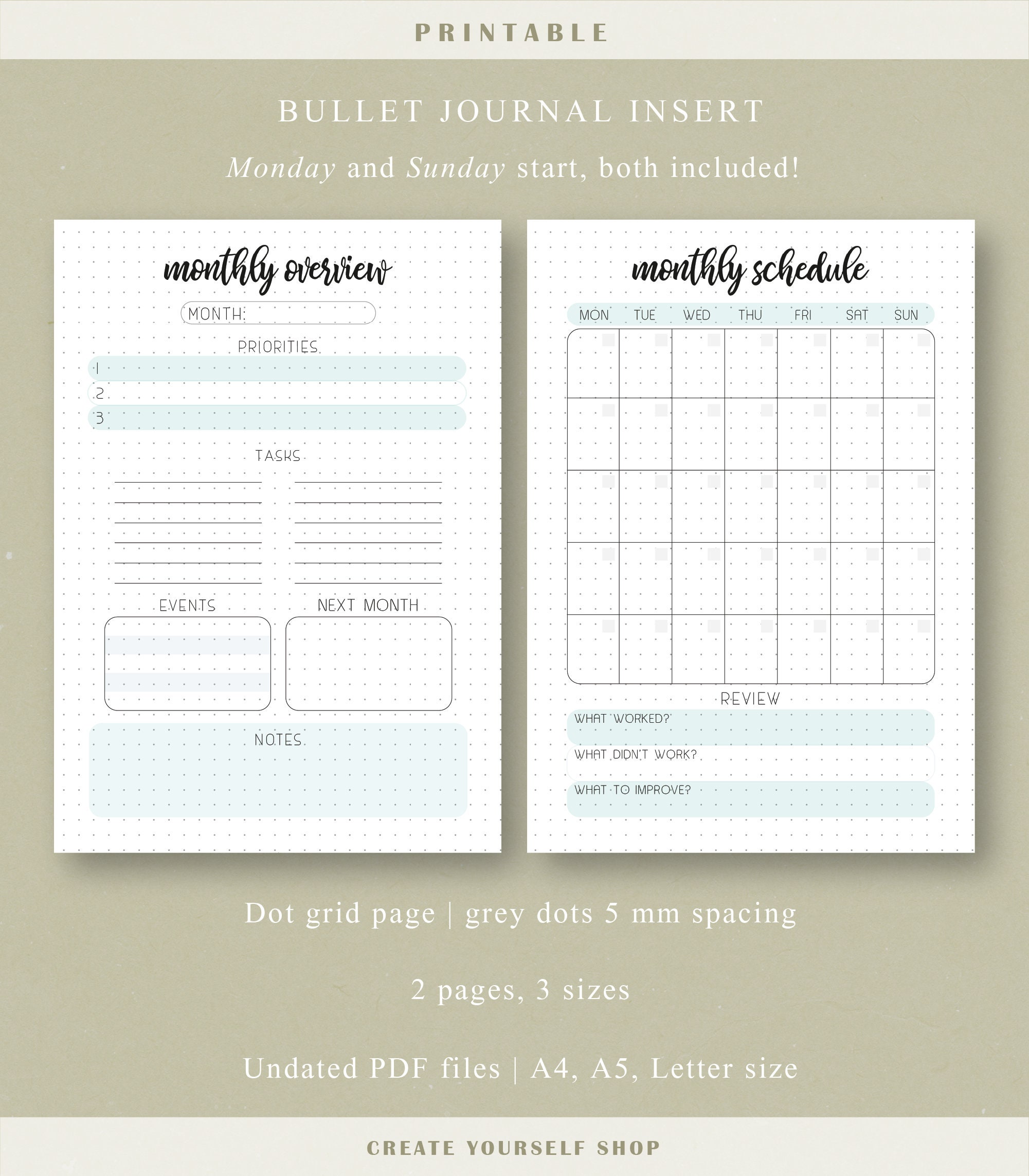 Printable monthly bullet journal monthly log monthly | Etsy