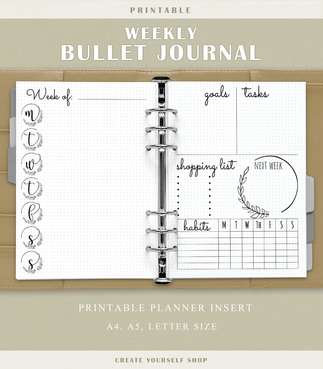 Printable Weekly Journal , Weekly Planner, Planner Insert, Insert, Dot ...