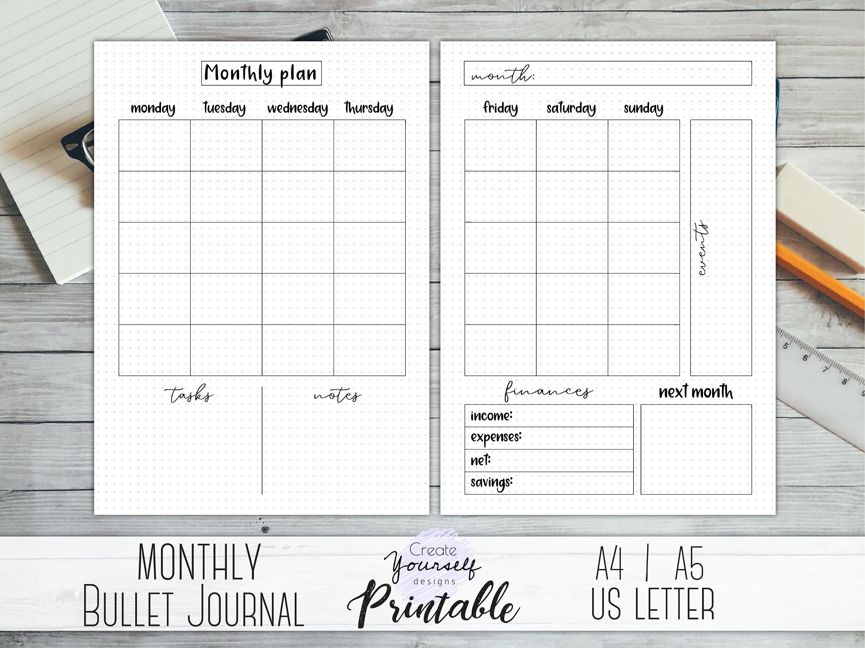 Printable monthly bullet journal bullet journal insert | Etsy