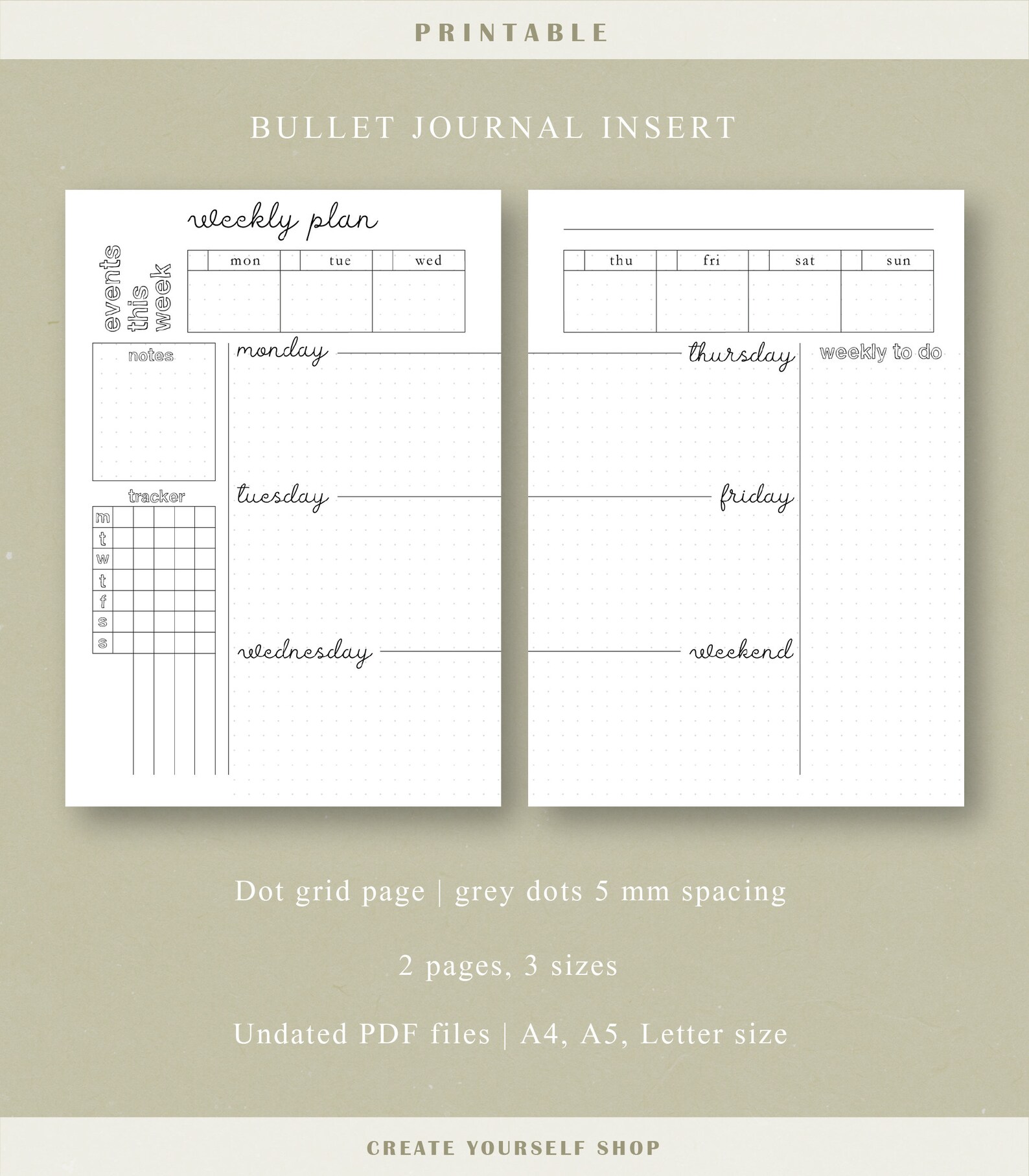 Printable Weekly Bullet Journal Planner Insert Printable | Etsy