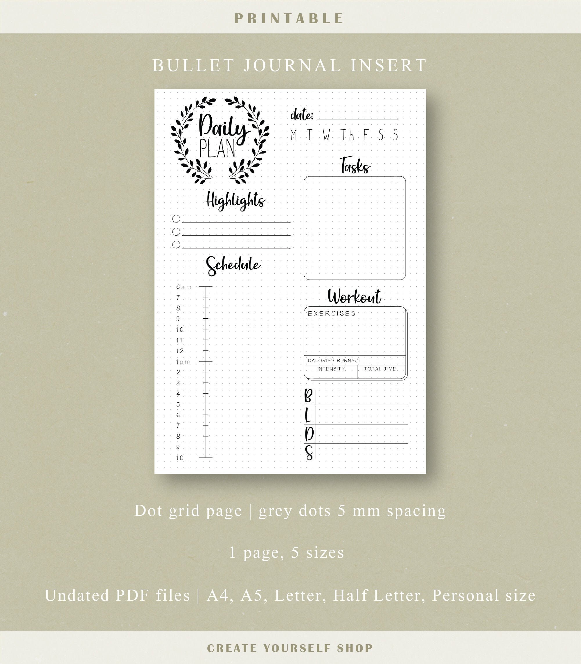 Daily Journal Printable Daily Planner Page, Planner Insert, Dot Grid ...