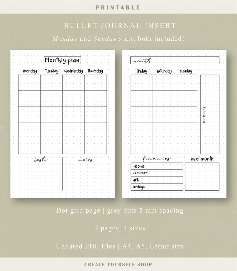 Printable Monthly Bullet Journal Bullet Journal Insert | Etsy