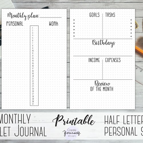 Bullet Journal Printable Bullet Journal Insert Monthly - Etsy