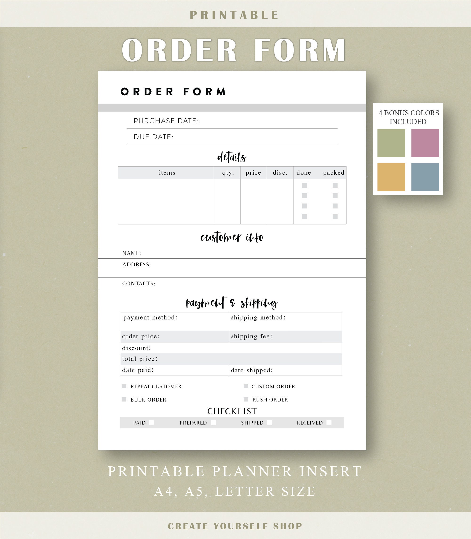 printable order form small business order form etsy shop etsy