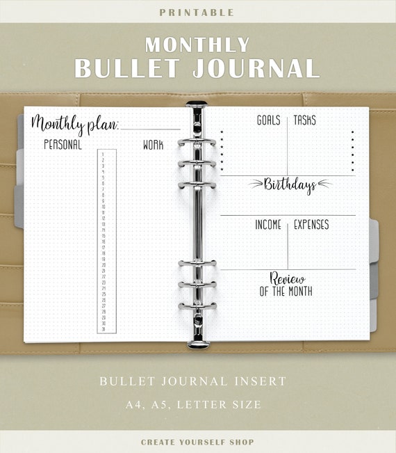 Printable Monthly Bullet Journal Dot Grid Planner Bullet Etsy Canada