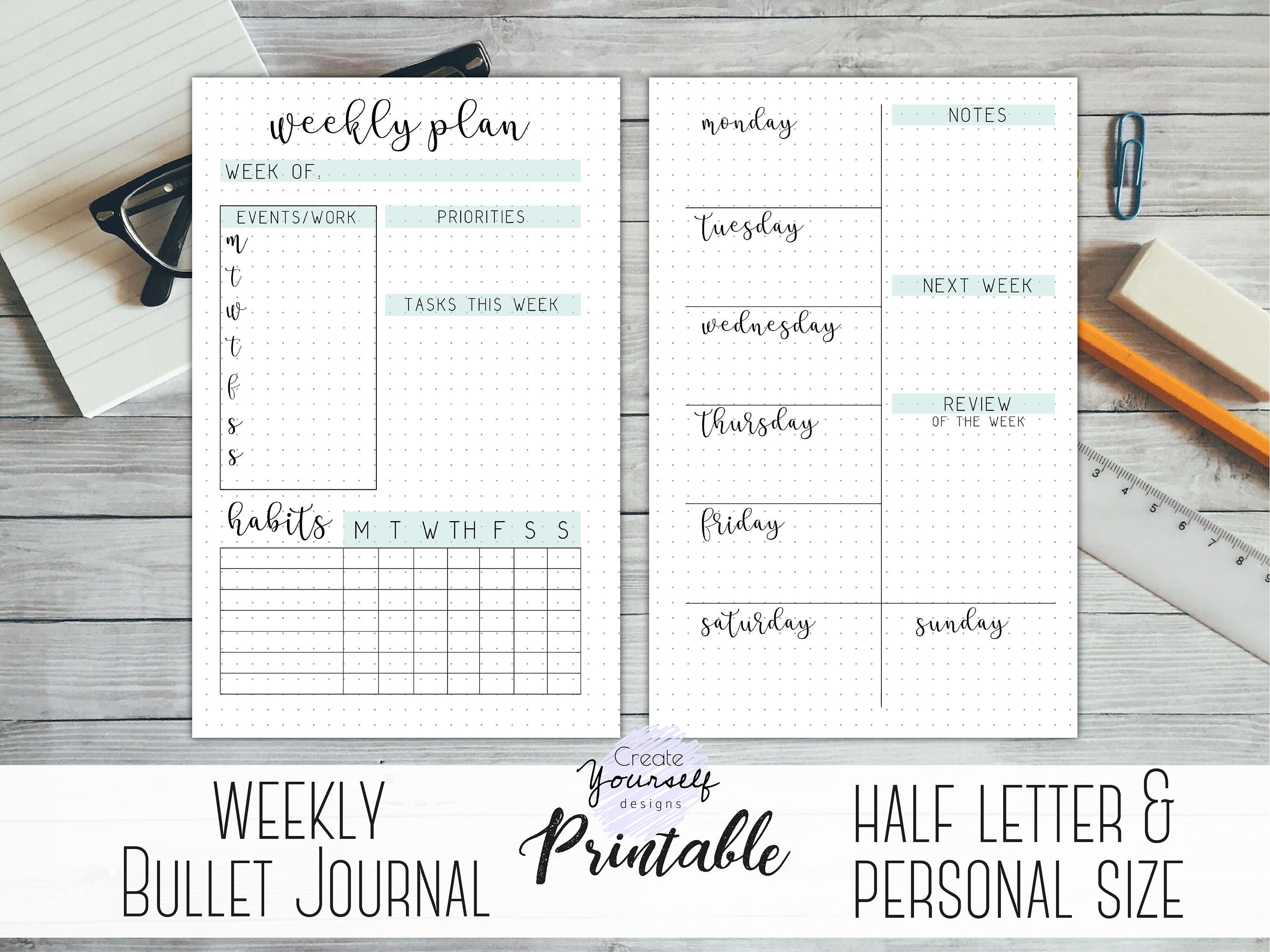 Weekly Journal Printable Planner Insert, Planner Refill, Weekly