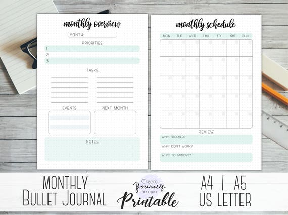 printable monthly bullet journal monthly log monthly etsy