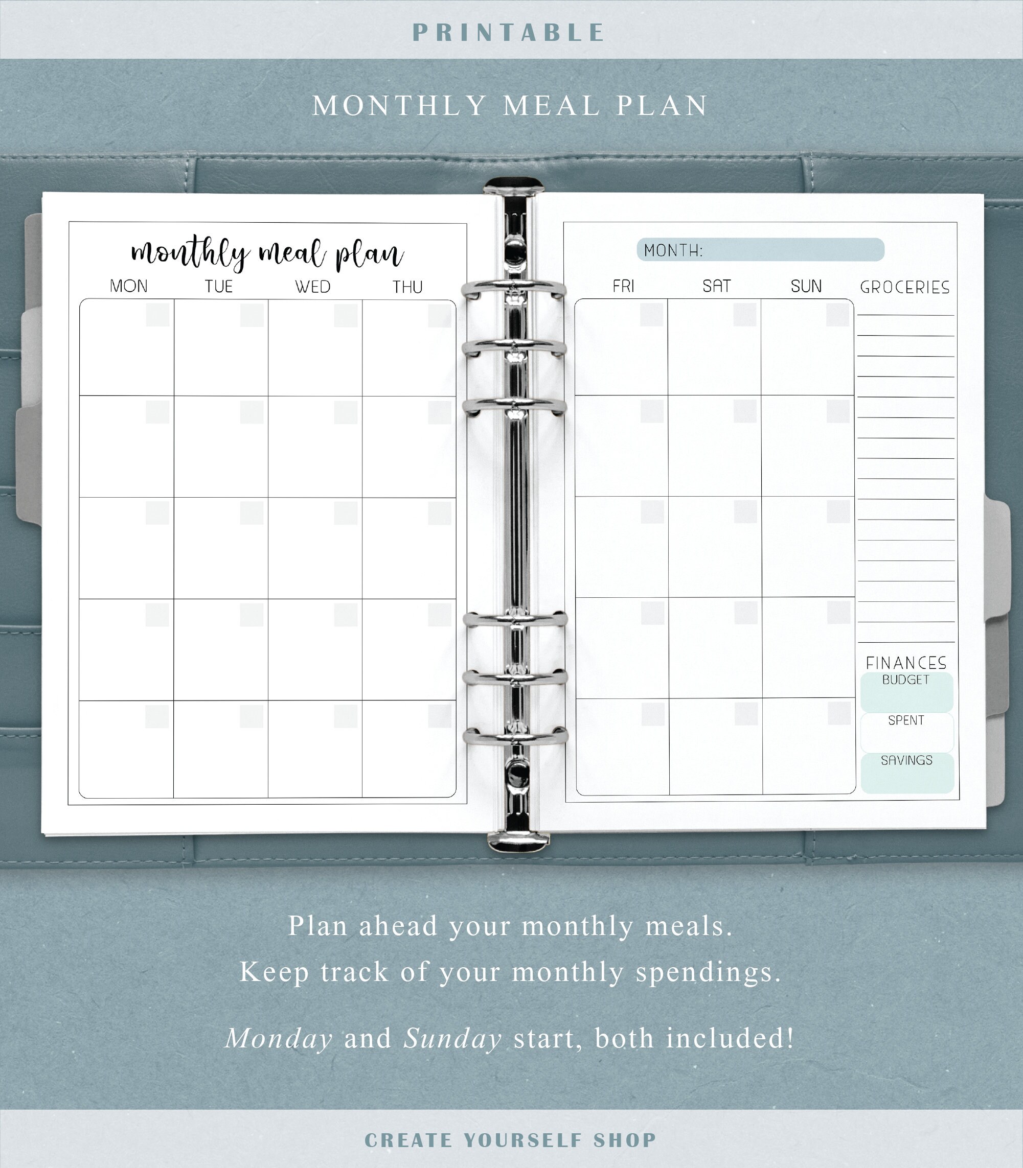 Compact Meal Planner Printable Meal Planner Kit Grocery - Etsy