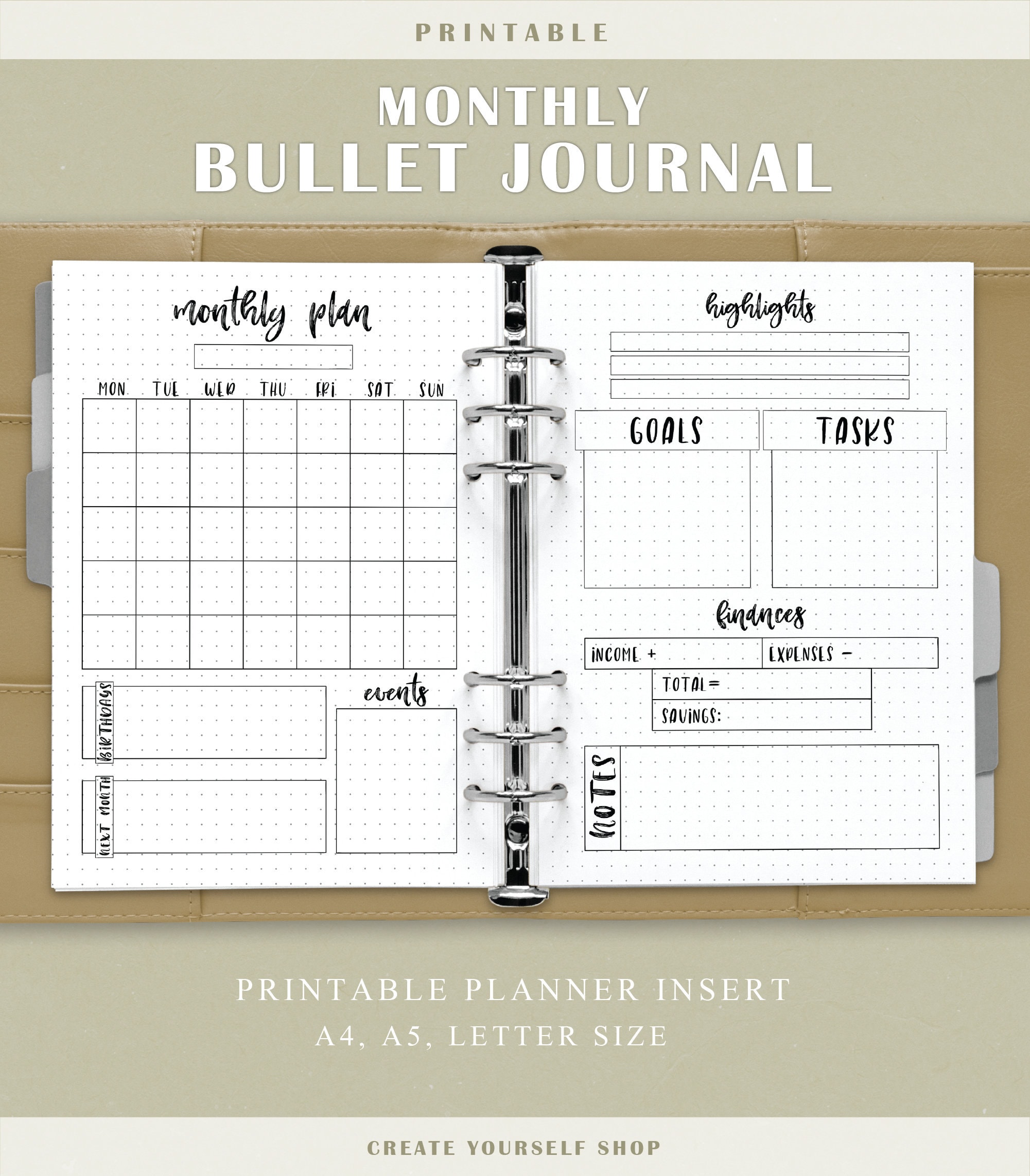 Monthly bullet journal printable planner insert dot Etsy